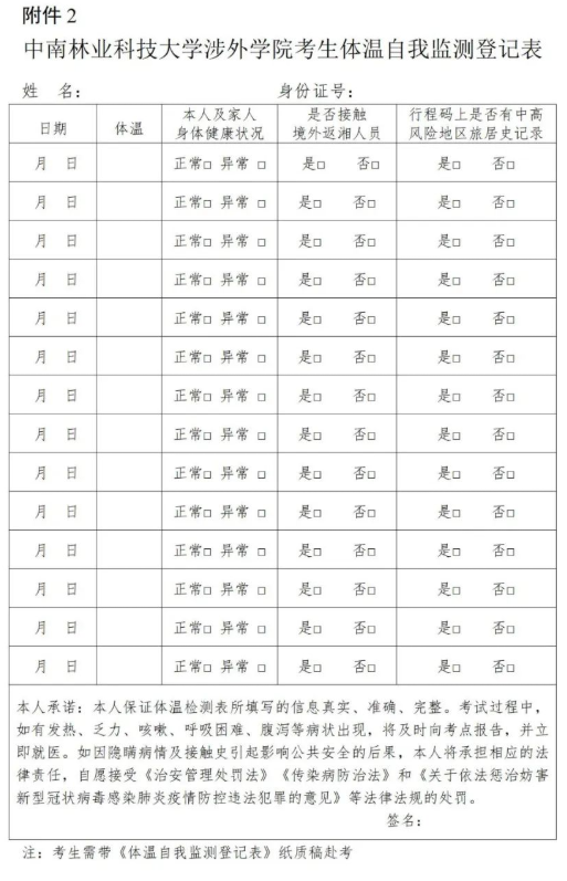 中南林业科技大学涉外学院考生体温自我监测登记表